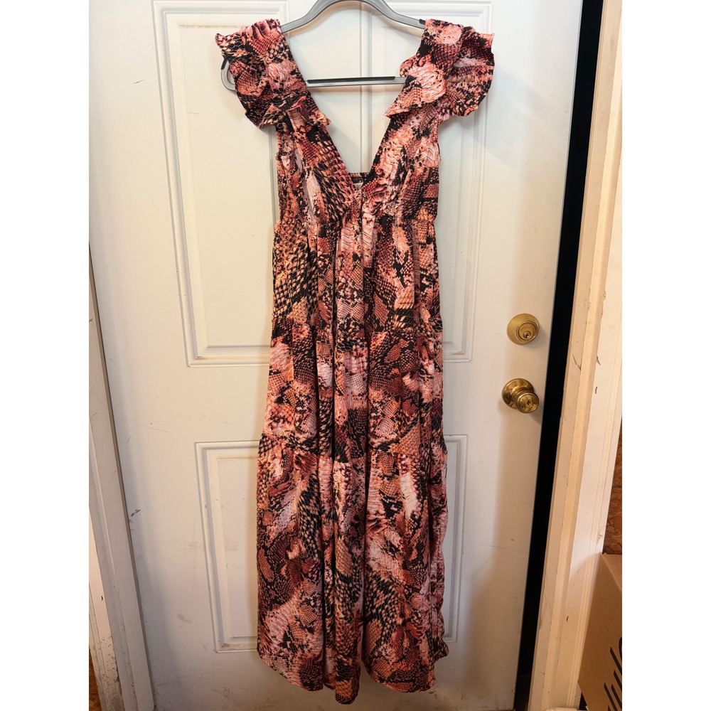GIRL SOUL Animal Print Maxi Dress Pink Snakeskin Smocked Empire Waist Boho Small